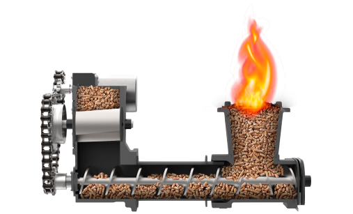 Sistema di alimentazione a sorgente. L’innovativo sistema brevettato di alimentazione a sorgente, caricando il pellet dal basso, non disturba la fiamma.